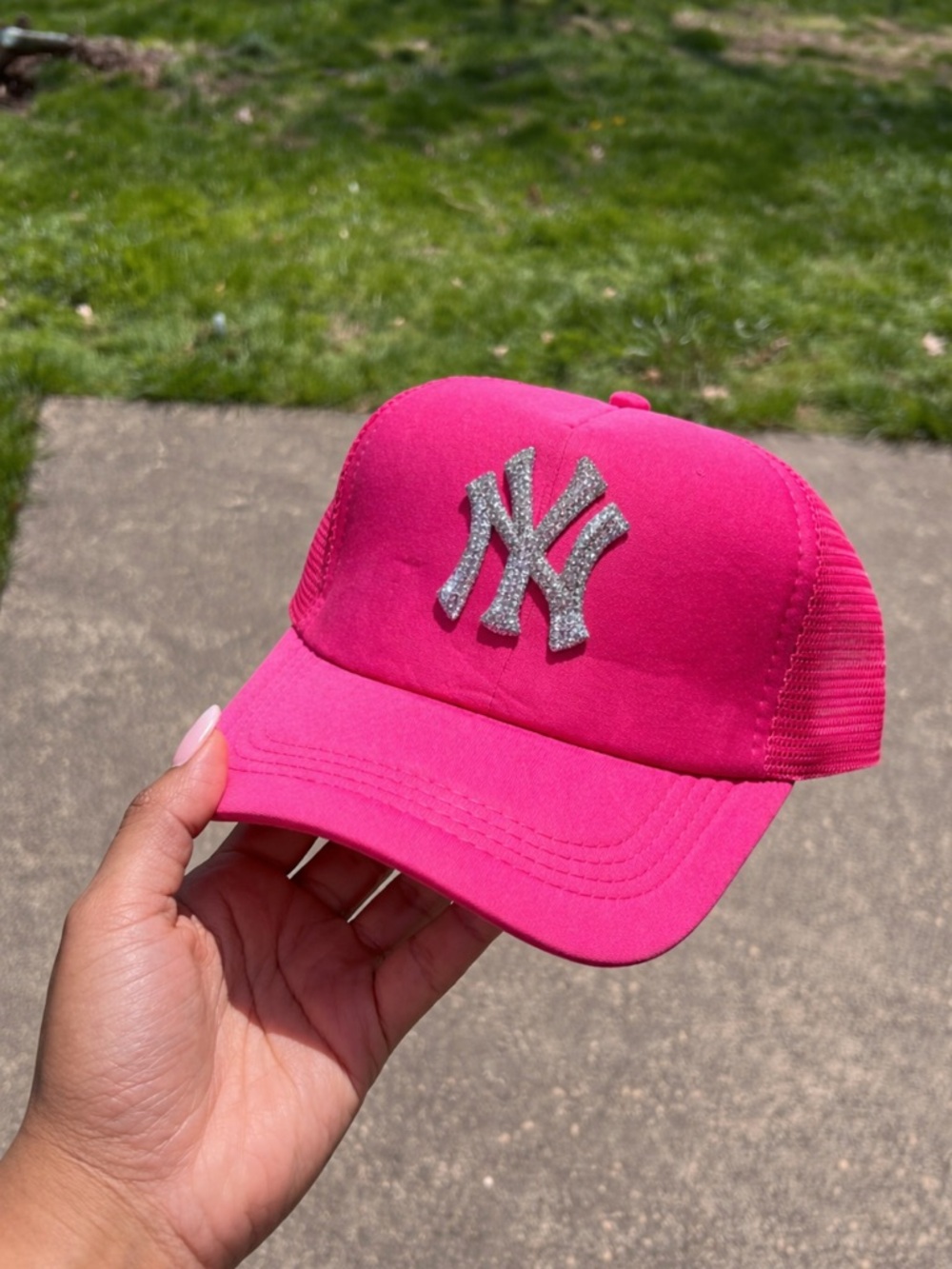 Dark Pink New York Yankees Trucker Hat with Glitter Logo